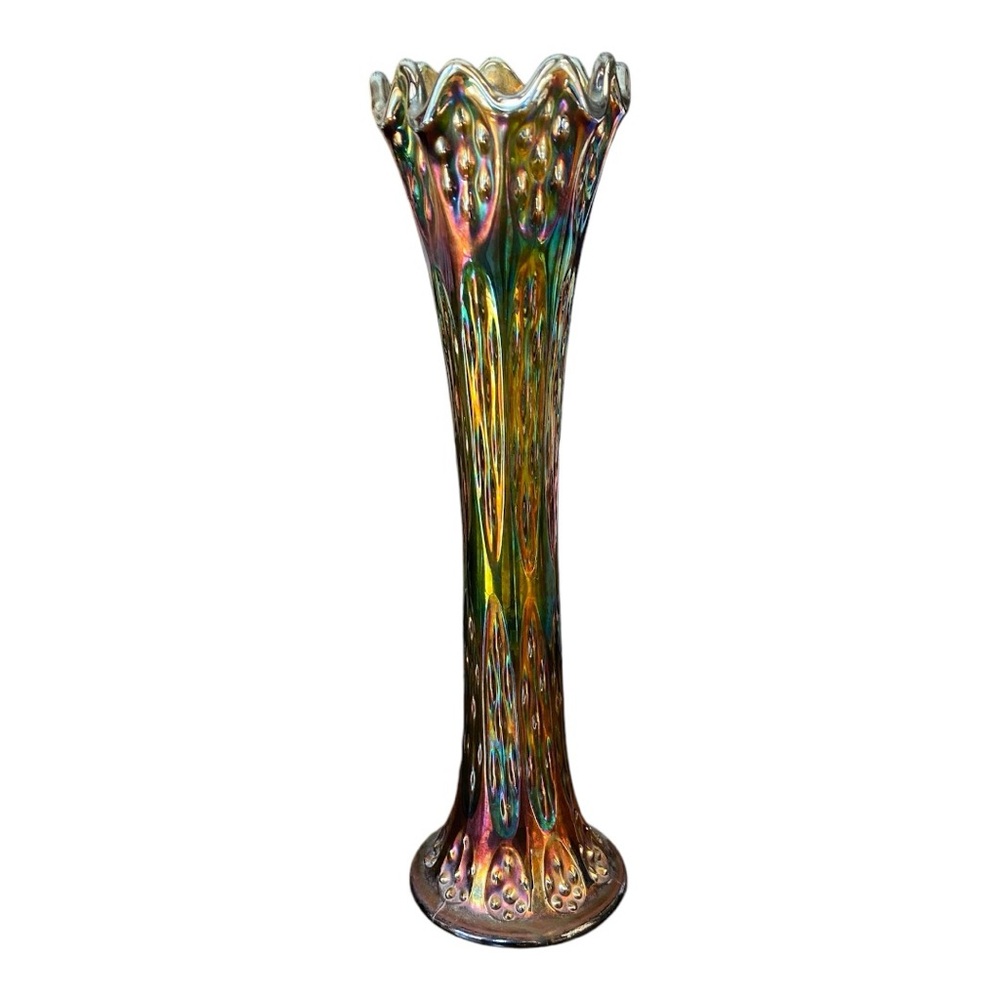 Antique Northwood Green Carnival Glass Tree Trunk Swung Vase 12.25" - Pristine